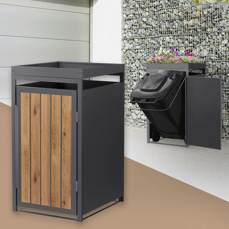 ML-Design Abri Cache 1 Poubelle 68x80x124cm 240L, Anthracite Aspect Bois Claire en Acier, Toit pour Plantes/Fleurs, Porte Clôture, Habillage Conteneur, Protection Visuelle, Résistant aux Intempéries