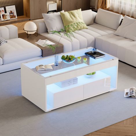 Table basse LED moderne — Table d'appoint rectangulaire (avec 2 grands tiroirs), Table de salon spacieuse à plateau en verre, Design à double niveau, Finition haute brillance — Grande table basse de s