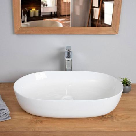 Wanda Collection – Vasque à poser en céramique ovale 61cm – Largeur 41cm – Hauteur 12cm – Surface lisse facile à entretenir – Installation murale recommandée