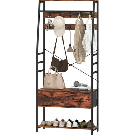 Armoire avec étagère à chaussures, porte-manteau avec banc, 10 crochets, 2 tiroirs en tissu, tringle à vêtements, panneaux de particules, métal, marron