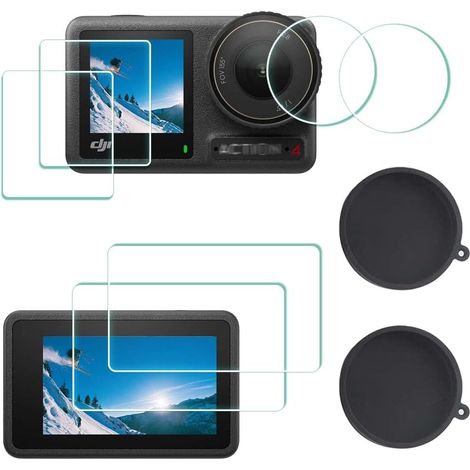Protector de pantalla para DJI Osmo Action 4 + tapa de lente [2 + 6 piezas], 0,3 mm, dureza 9H, protección de vidrio templado, antiarañazos, antiburbujas.