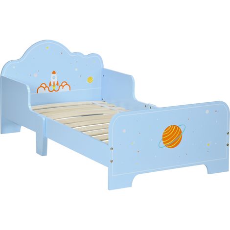 Lit enfant bleu en bois avec barrières de protection pour 3 à 6 ans, charge max 80kg, dimensions 143x74x59cm