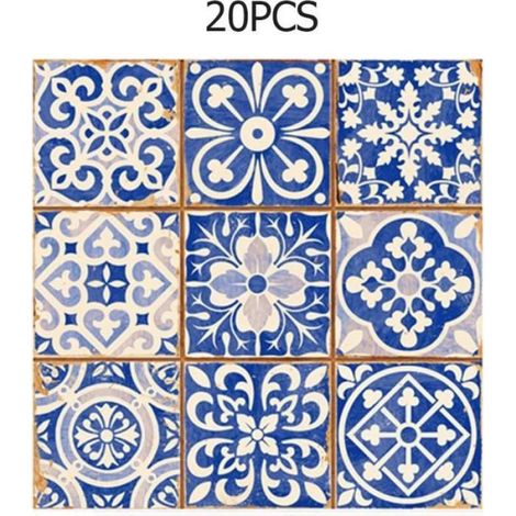 20pcs 10x10cm Bleu Stickers de Carrelage en PVC Auto-adhésif Imperméable Autocollant Mural Décoratif Stickers Muraux Carreaux de (1/3)