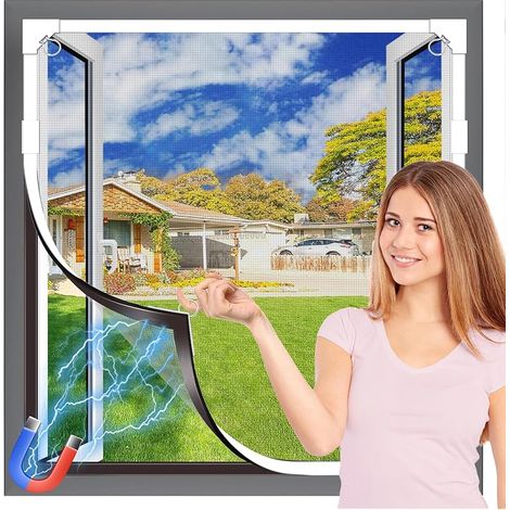 Moustiquaire Fenêtre Magnétique, Fibre de Verre Durable, Auto-Adhésive, Taille Ajustable DIY, Installation Sans Perçage, 130×150 cm, Cadre Blanc & Maille Grise (1/5)