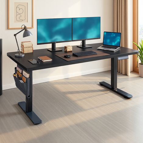 Bureau Réglable en Hauteur, 180 x 80 cm, Fonction Mémoire, Port USB-C, Noir (1/5)