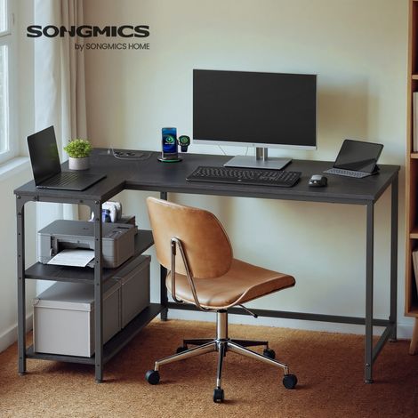 Bureau en L, Étagères Réglables avec Rangement, Prises Électriques et Ports USB, 120 x 80 cm, Noir (1/5)
