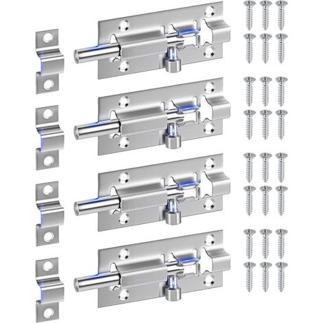 Serrures de porte en pack de 4, serrures coulissantes en acier inoxydable épaissi de 3" (environ 7,6 cm), loquet de culasse de canon haut de gamme avec 24 vis (argent) (1/2)