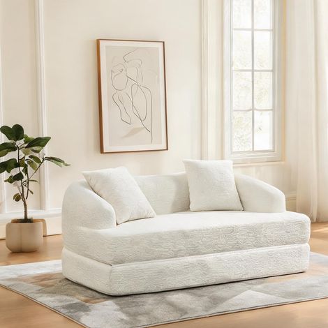 Canapé-lit convertible 2 places en chenille beige avec coussins (1/5)