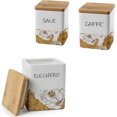 TRIS ROSE QUADRATO SALE. ZUCCHERO E CAFFÈ IN CERAMICA CON TAPPO IN LEGNO 10X13 CM