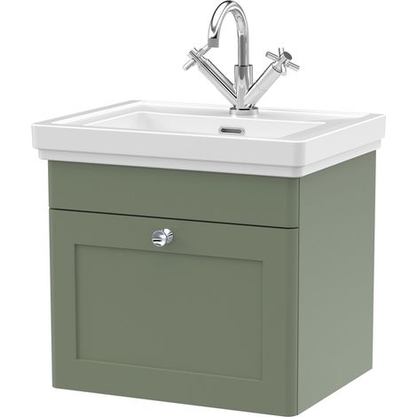 Nuie Classique Wall Hung 1-Drawer Vanity Unit with Basin 500mm Wide Satin Green - 1 Tap Hole (1/4)