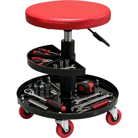 Relaxdays taburete de taller, ajustable en altura, bandeja, 5 ruedas, 42-56x38 cm, metal, rojo (1/5)