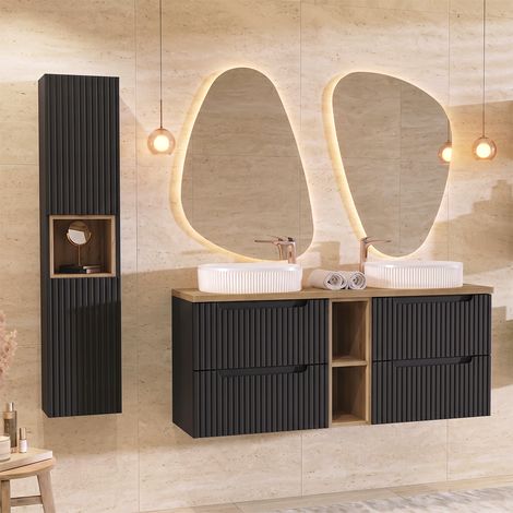 Conjunto mueble lavabo doble 140cm 4 cajones 2 compartimientos y columna Riva Negro y Madera (1/4)