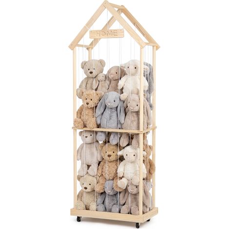 Todeco Rangement Peluche de Enfant avec freins à 360°, 164x32x58cm, Range Peluche en Bois Gain de Place pour Salle de Jeux, Salon, 2 couches (1/5)