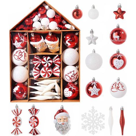 Boule De Noel - 70 Pièces Décorations Arbre De Noël En Plastique Incassable - Rouge Blanc Or - Pour Décoration Intérieure Fêtes Familiales Et Événements - Lot Complet