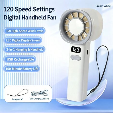 Ventilateur turbine portable miniature (blanc), rechargeable, avec écran LCD et affichage numérique. (1/5)