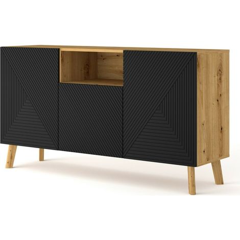 Commode rangement Luxi-3D 146x42x80cm Noir mat fraisé /Chêne Artisan Sideboard buffet design moderne de haute qualité (1/5)