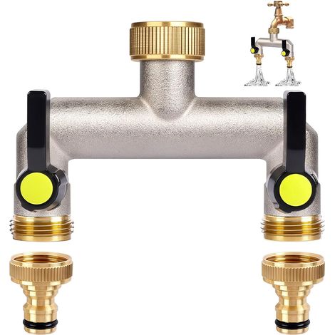 Distribuidor de agua de grifo de 2 vías - Mango extendido - Dispensador de agua de 3/4" - Fabricado en latón - Con dos conexiones de grifo de 3/4" a 1/2" - Para el hogar, el jardín y la lavadora