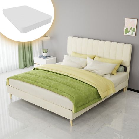Cama tapizada (200x160x156 cm), cabecero alto, incluye colchón, tela y metal beige (1/5)