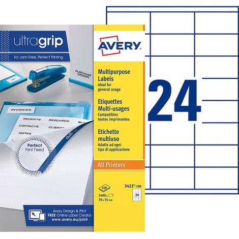 Etiquette adresse jet d'encre et laser 70 x 35 mm Avery 3422-100 blanche - Boîte de 2400 (1/2)