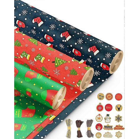 Kraft & Co – Lot de 3 rouleaux de papier cadeau Kraft pour Noël, 69 cm x 8 m, recyclé et écologique, avec 15 étiquettes et ficelle tricolore, résistant aux déchirures. (1/5)
