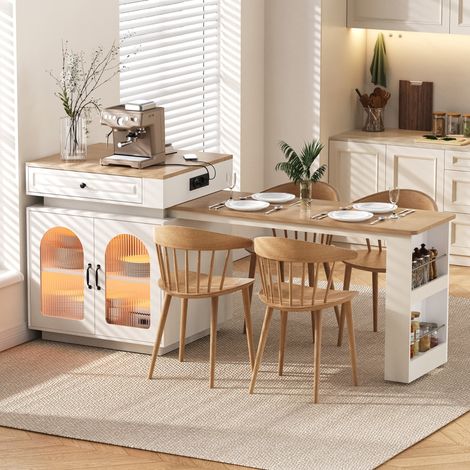 Ilot de cuisine extensible- 128-200x71x92 cm– Eclairage LED- Avec tiroirs et Porte–Plateau MDF–Blanc (1/5)