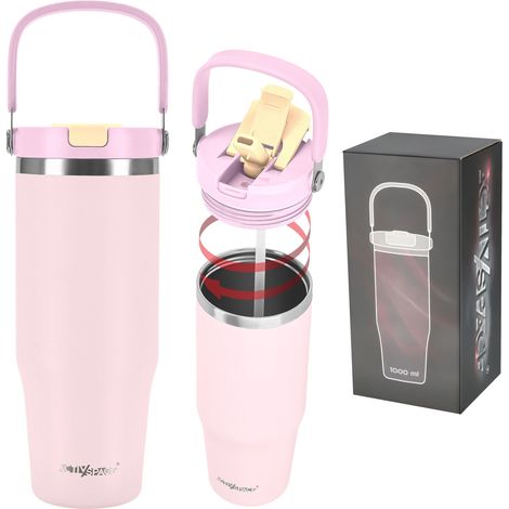 Tazza termica con cannuccia e beccuccio per caffè o tè, a prova di perdite, 1000 ml - rosa