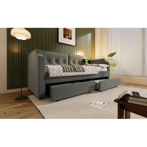 Lit banquette gris en velours 90x200 cm avec sommier à lattes, lampe de lecture USB-C et 2 tiroirs pour chambre et salon (1/5)