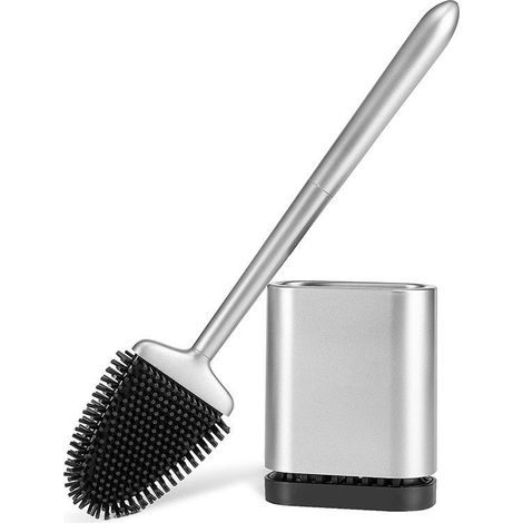 Brosse WC en silicone, brosse WC et porte-balai, séchage rapide, montage mural, manche long, argent mat (1/5)
