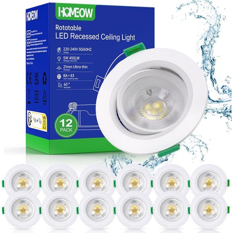 Spot Led Encastrable Orientable Spots de Plafond Extra Plat Blanc Froid 5W 230V IP44 for Salle de Bain, Lumiere Interieur Trou Ø70mm - 80mm Lampe Blanc Rond 450LM 6000K, Lot de 12 (1/5)
