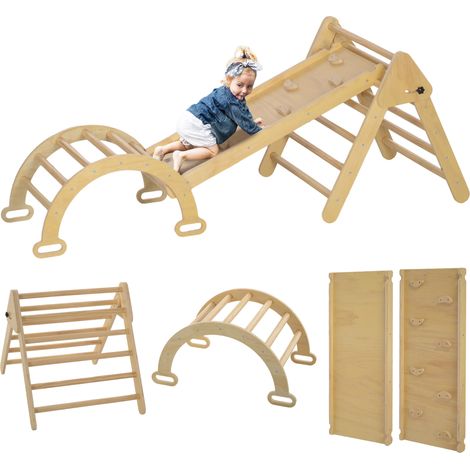 Triangle d'escalade en bois naturel pliable 5 en 1 avec rampe 178x64,5x63 cm, jeu enfant design sobre pour motricité pratique et gain de place