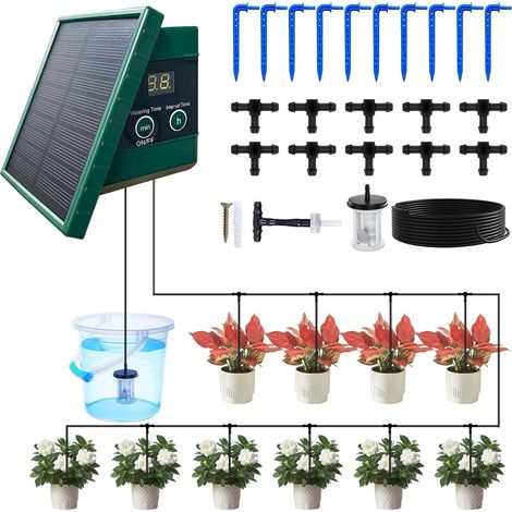 Système d'irrigation solaire pour jardin, balcon, arrosage automatique des plantes, plantes en pot, pelouse, minuterie, tuyau goutte à goutte de 10 m, serre, accessoires (1/5)