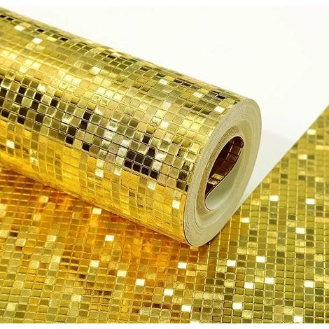 (Or, 53 cm x 9,5 m) Papier peint effet miroir scintillant, mini mosaïque métallisée à paillettes dorées, décoration murale de fond. (1/5)