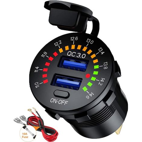 Cargador USB para coche QC 3.0 de 12V/24V y 36W con interruptor de encendido/apagado y voltímetro LED. Dos puertos de carga rápida Quick Charge 3.0 para una carga veloz en vehículos, coches, barcos, m (1/5)