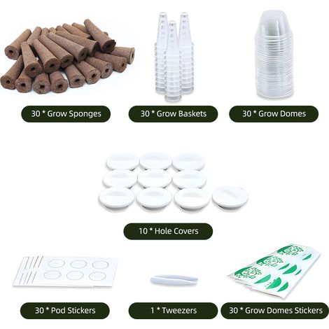 Kit de culture hydroponique 161 pièces pour culture hors-sol : 30 éponges de culture, 30 paniers de culture, 30 dômes de culture, 30 autocollants pour capsules, 30 autocollants pour dômes de culture, (1/2)