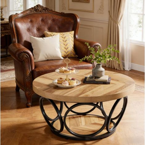 Couchtisch rund aus Holz und Metall in Braun/Schwarz, 2 Ablagen, Ø 80 cm (1/5)