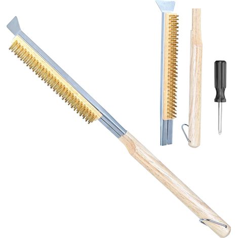 Brosse de Four à Pizza avec grattoir en Acier Inoxydable, 53 cm de Long, Brosse de Barbecue avec Poils en Laiton, poignée en Bois avec œillet de Suspension, Brosse de Nettoyage pour Fours à Pizza (1/5)