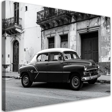 Tabelau sur Toile, Voiture américaine noire garée dans une rue à La Havane Cuba,30x20 (1/4)