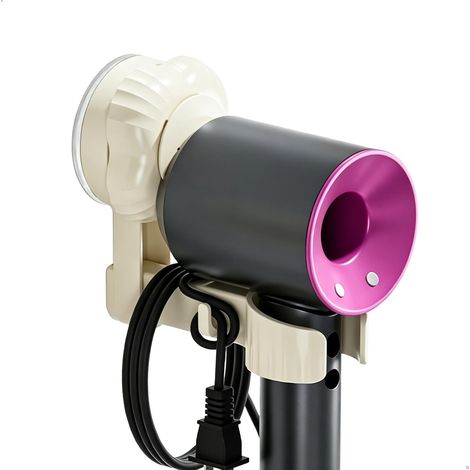 Porte Seche Cheveux, Support Seche Cheveux, Porte Seche Cheveux Mural, Porte Sèche Cheveux à Ventouses avec Enrouleur de Câble et Élastiques Pivotant 360 Blanc Casse pour Salle de Bain (1/5)