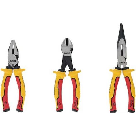 Dewaltde Set di pinze VDE, 3 pezzi, dotate di impugnature comfort de 3-shot, hanno una scanalatura antiscivolo sagomata per un'ammortizzazione ottimale e controllo.