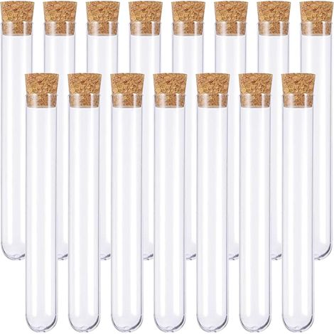 15 Pièces Tube a Essai Plastique,Tube Plastique Transparent,Eprouvette Plastique,Fiole Plastique,Tubes à Essais de Laboratoire,avec Bouchon Liège,pour Plante,Bonbons,Epice,Echantillon,18105mm (1/5)