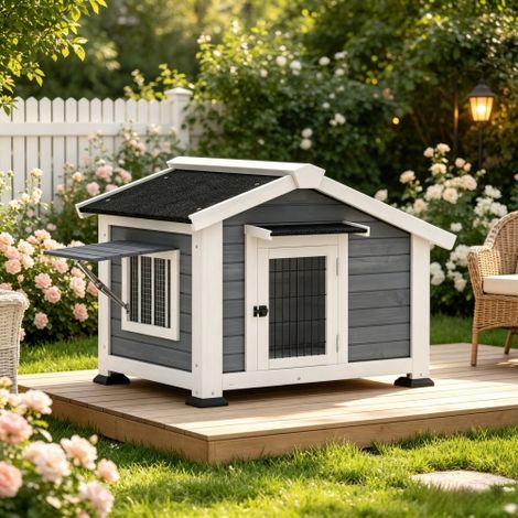 Cuccia rialzata per cani da giardino, nicchia esterna impermeabile, con tetto e telaio della porta rimovibili. Installazione in loco. (1/5)