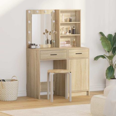 Schminktischset mit LED 2 pcs Sonoma-Eiche Holzwerkstoff