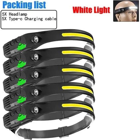 (5 pièces) Lampe frontale LED rechargeable USB avec capteur COB, lampe de travail étanche pour la pêche et le camping (1/5)