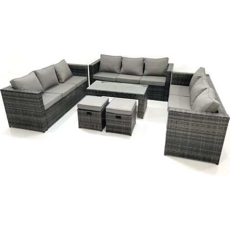 Fimous Outdoor Garden Furniture Set 11 Seater Rattan Sofa Set with Coffee Table 2 Small Footstools Dark Grey Mixed (1/5)