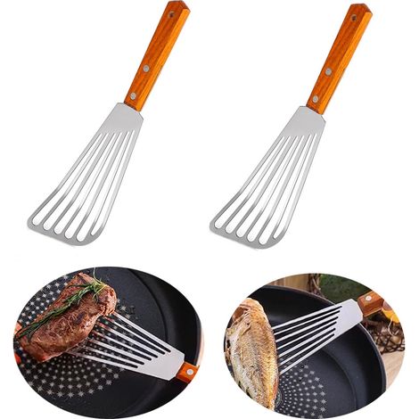 Set di 2 pezzi composto da spatola per pesce con manico in legno, spatola grande in acciaio inossidabile forata e resistente, spatola antiaderente per friggere, spatola da cucina per bistecche e bisco (1/3)