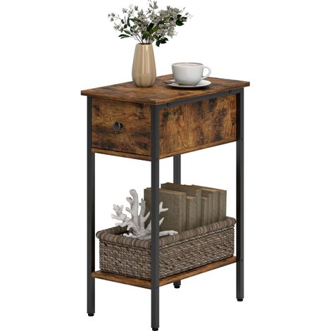 Table de chevet, en bois, avec tiroir, marron, pour maison et usage quotidien, pieds métalliques, style moderne, rangement pratique