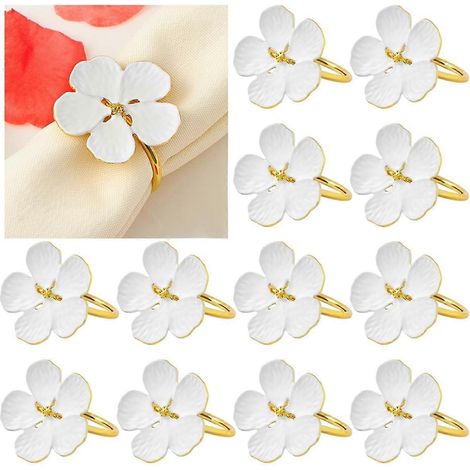 Serviettenringe mit Blumenmuster, 12er-Set – Weiß-goldenes Metall mit floralen Motiven (1/5)