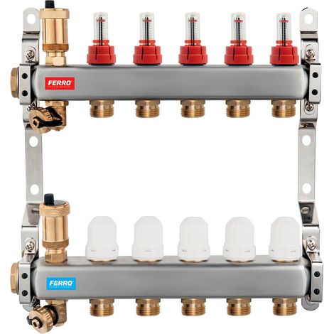 Collettore a 3 vie con valvole termostatiche e flussimetri, in acciaio inox (1/2)