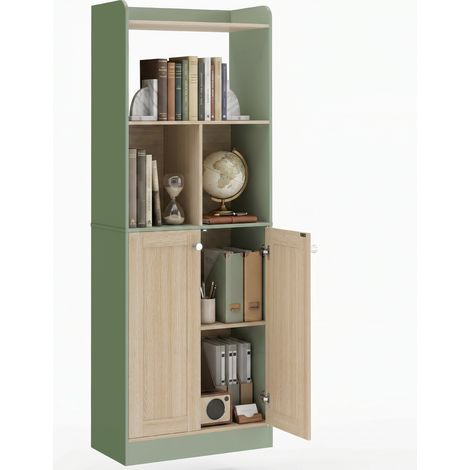 Libreria a 5 ripiani, mobile contenitore, scaffale con 2 ante, 60 x 30 x 161,2 cm, verde e legno naturale