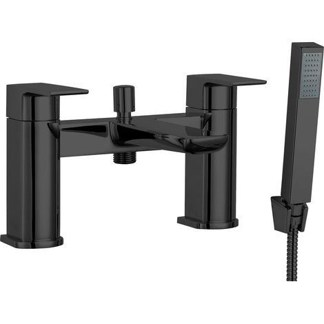 Balterley Bishton Contemporary Square Dual Lever Deck Mounted Bath Shower Mixer Tap with 1/4 Turn Ceramic Disc, 136 × 230 × 147mm, Black
